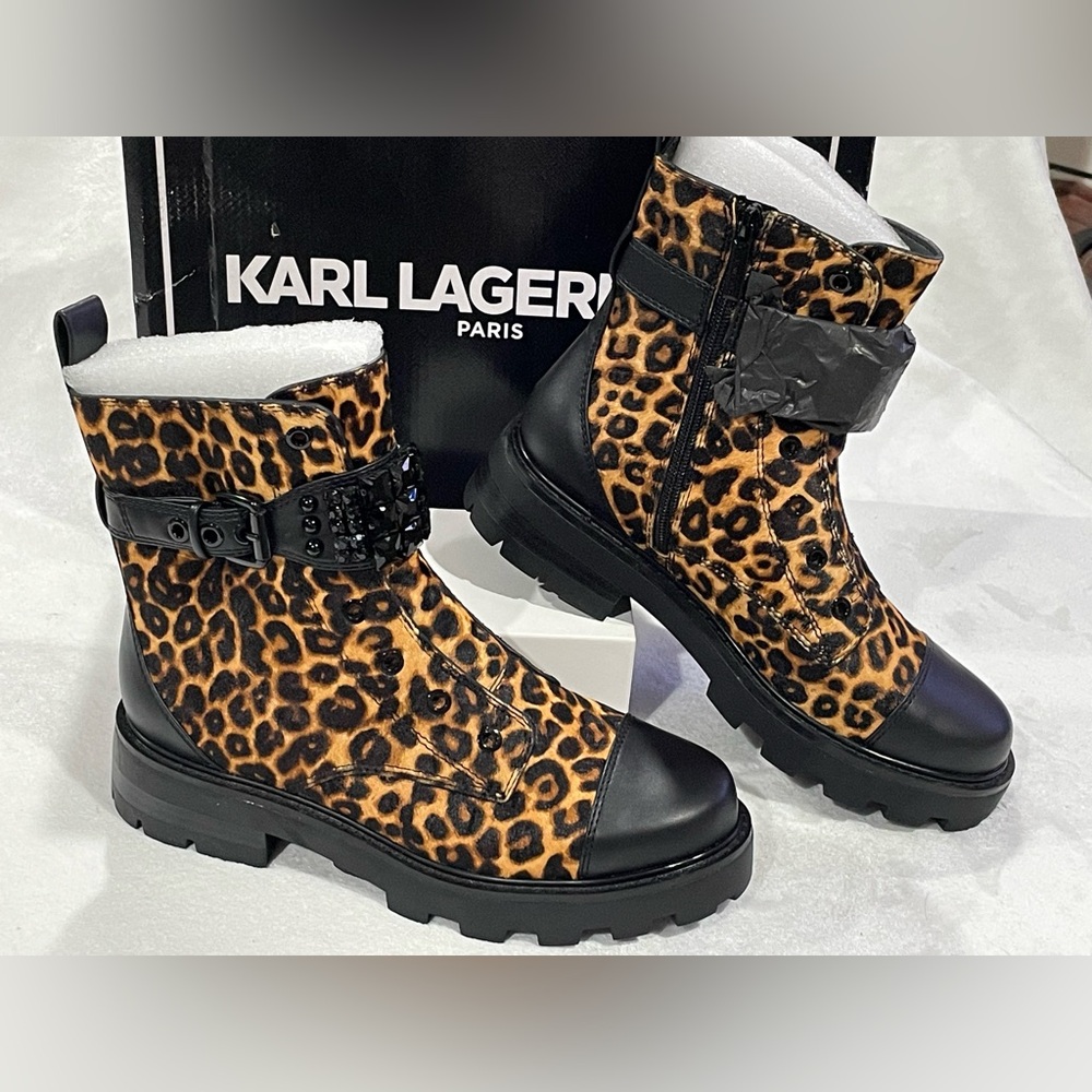 Karl Lagerfeld Leopard Chunky Strap Combat Lug Sole Boot Sz 8.5, 6 BNWB - Picture 9 of 11